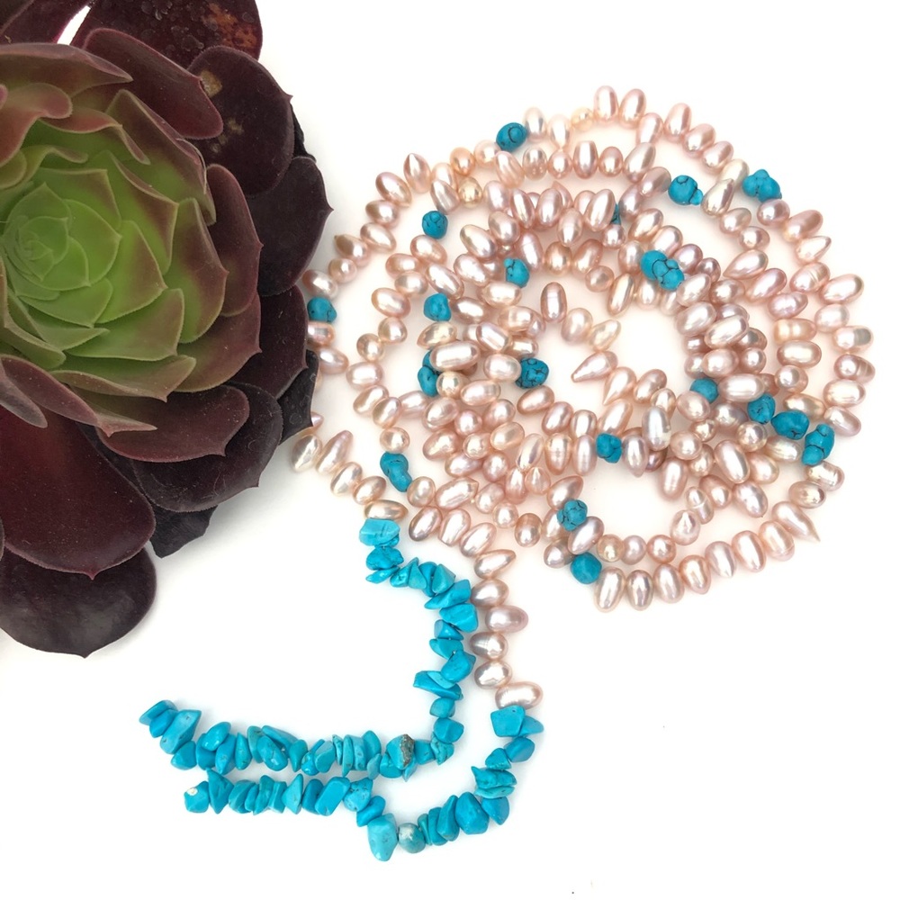 HANDMADE Natural Pink Freshwater Pearl Blue Turquoise Long Boho Lariat Necklace